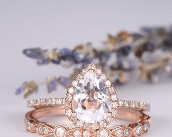 Pear Shaped Engagement Ring Set Rose Gold Wedding Ring Bridal Set White Topaz Halo Diamond Stacking Eternity Wedding Band Women Art Deco