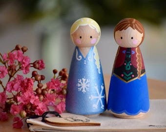 Anna and Elsa Peg Dolls, Frozen Toys, Anna and Elsa Toys, Princess Anna, Queen Elsa, Frozen Caketopper, Gift for Kids, Princess Dolls,