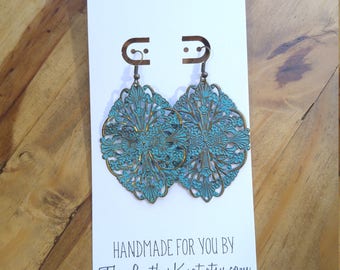 Blue Patina and Bronze Metal Mandala Earrings, Lightweight Metal, Aged, New Vintage, Large Boho Style Statement Earrings