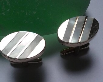 Silver Tone Mother of Pearl Inlay Cuff links
