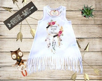 Young Wild & Three Dress Fringe Dress Birthday Girl Dress Boho Baby Clothes Third Birthday Toddler Girl T-Shirt Third Birthday T-Shirt