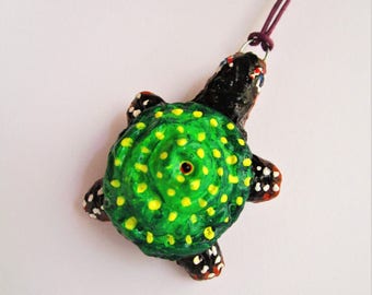 Turtle pendants Green pendant Turtle paper mache Handpainted pendant Designer pendant Exclusive pendant Papier mache pendant Paper figurine
