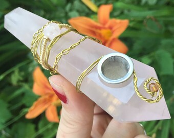 Crystal Pipe, Girly Pipe, Custom Brass Wire Wrapped Rose Quartz Crystal Smoking Pipe, quartz pipe, custom pipes, gifts for her, heart chakra