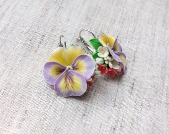 Flower composition with violet pansies Handmade pansies earrings Pansies jewelery Violet&yellow flower Gift for girlfriend