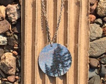 Landscape tree pendant, vintage tin pendant
