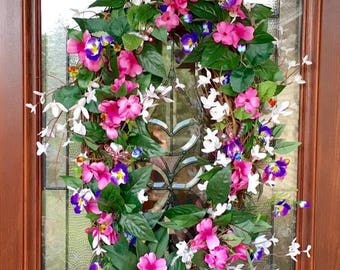 Spring Wreath, Summer Wreath, Large Oval Wreath, Purple, White, and Pink Floral Wreath, Dragonfly Wreath