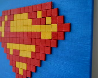 Superhero wall art, superman wood pixel art, wood mosaic, craft sticks art, superman wall art, boy nursery decor, superhero nursery 8x10"