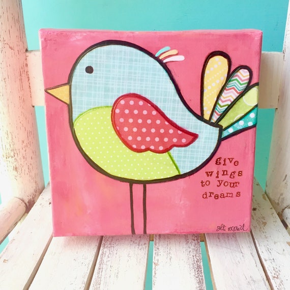 Mixed Media Bird Art • Whimsical Folk Art • Colorful painting ...