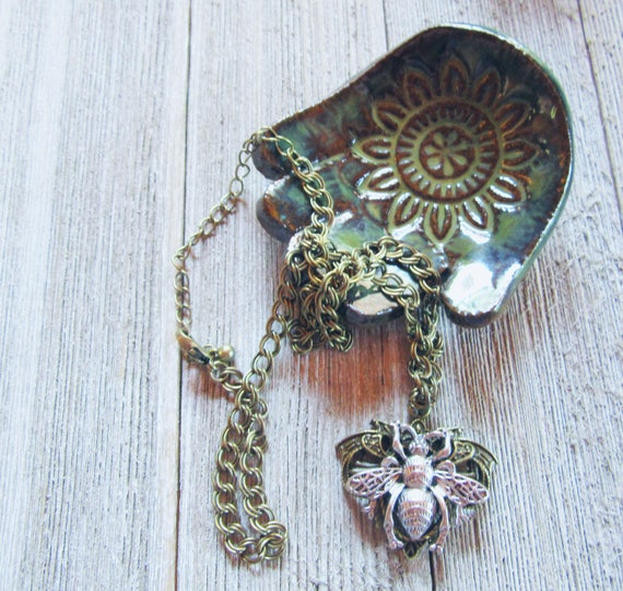 Bee necklace honeybee jewelry bee keeper gift antiqued