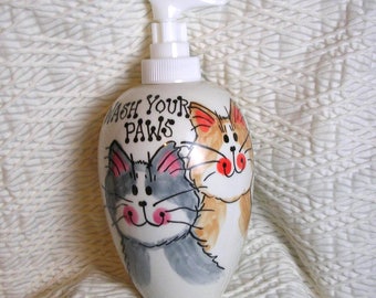 Smiling Cat Duo Soap Dispenser Wash Your Paws Handmade Ceramic by Grace M Smith