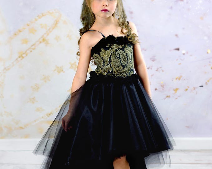 Girls Haute Couture Dress - Black and Gold Corset Dress - Pageant Gown - High Low Party Dress - Fascinator Hat - Flower Girl Dress 3t to 10