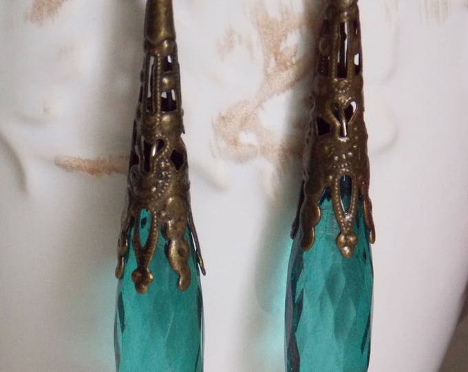 Long Filigree Earrings Vintage Teal Lucite Crystals Wrapped Antiqued Brass Victorian Vintage Boho Blue Earrings Long Filigree Earrings Vintage Teal Lucite Crystals Wrapped Antiqued Brass Victorian Vintage Boho Blue Earrings