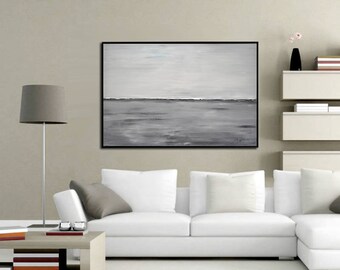 Abstract Landscape 24 x 36 Large Painting Original Modern Contemporary Art Gray White Seascape Oil Painting by Sky Whitman