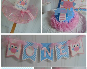 Owl 1st Birthday Smash Cake party package - whoo's turning 1 banner, party decoration, birthday outfit