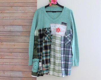 Upcycled dress, Green tunic, Holidays clothing, Patchwork, bohemian clothes, arty shabby prairie chic ugly Christmas sweater for women Large