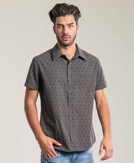 Geometric Mens Fashion Shirt In Grey Button Down Short Sleeved