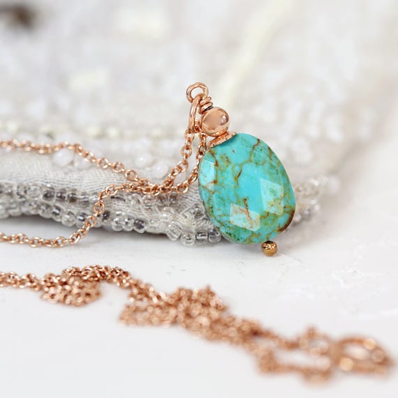 Genuine Turquoise Jewelry -Turquoise & Rose Gold Necklace