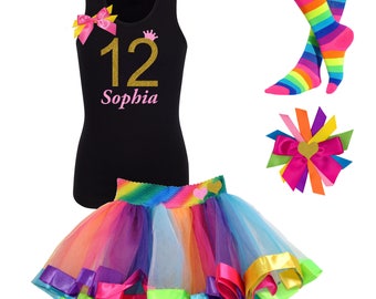 12th Birthday Shirt Black Gold Rainbow Tutu Hair bow Party Tween Girls Knee High Socks Neon Twelve T-Shirt Name Age 12 Girls Heart Gift Set