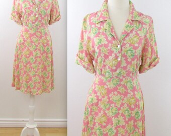 April Cornell Pink Floral Dress - Vintage 1980s Pastel Summer Shirtdress in Medium