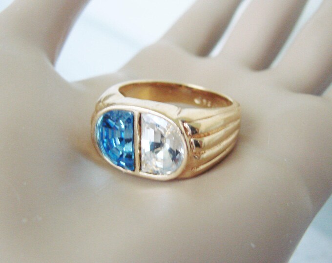 Designer Signed 18KT Gold Electroplate Mens Ring / CZ Stones / Sapphire Blue / Vintage Jewelry / Jewellery