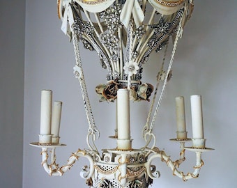 Paris hot air balloon chandelier lighting tole rose and rhinestone vintage star jewelry embellished circa 1950 home decor anita spero design