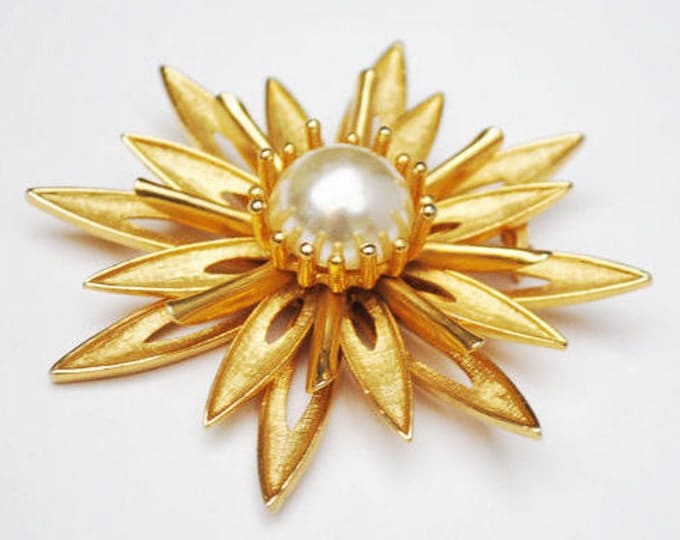 Cathe Flower Brooch - Gold and Pearl - Large Floral signed pin