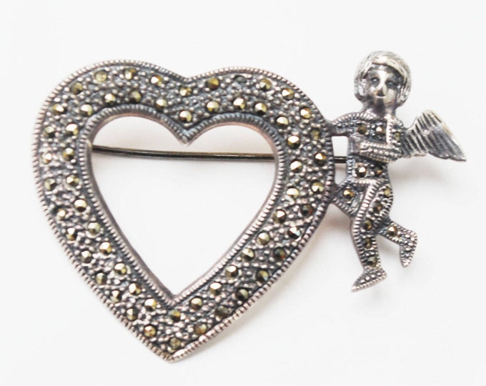 Sterling Heart Brooch - Sterling Silver - Marcasite - Cupid pin