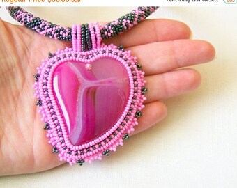15% SALE Beadwork Bead Embroidery Pendant Necklace with Agate - PINK HEART - pink and grey hematite necklace - romantic necklace