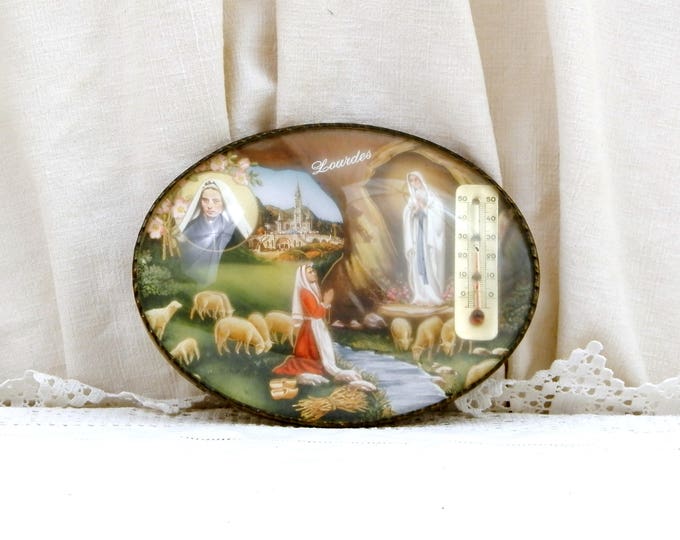 Vintage French Novelty Religious Thermometer with Picture of Bernadette Soubirous of Lourdes with Virgin Mary Apparition inside Domed Glass