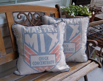 Vintage Feed Sack Pillow Covers - 18 x 18 with Navy Plaid Backing