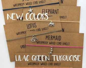 WATERPROOF ANKLET ~ Polyester Waxed Cord - Turtle Starfish Mermaid Shell Elephant Lotus Silver Charms ~Adjustable Macrame Knot ~Color & SIZE