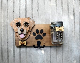 Custom Dog leash holder with treat jar. Dogs treat jar/Leash holder combination. Handmade Leash Holder of your dog