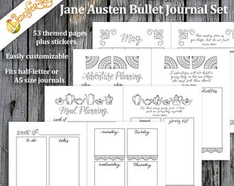 Jane Austen Bullet Journal Planner Set / Instant Download Printable PDF Inserts Hand Lettered Hand Drawn Template Quotes Stickers Coloring