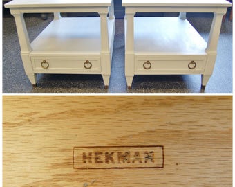 FREE SHIP - Pair of Hekman Two Tier Bedroom Nightstands / Side End Lamp Tables - Linen White - Solid Wood Wooden