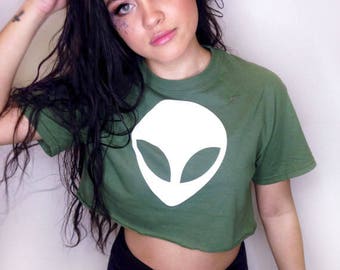 Alien Crop Top • Rave Crop Top • Raver Top • Alien Shirt • Distressed Shirt • Raver Crop « g500milgreen «« (crew, tee/sc) «