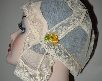 Fab Antique Edwardian Beaded Lace Boudoir Cap Bonnet w Rosettes