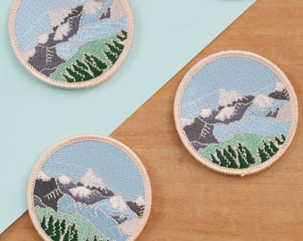 Mountains Embroidered Iron-on Patch | Embroidered Badge | Mountain Patch | Alpine Mountain Scene | Wilderness Explorer Outdoors Patch