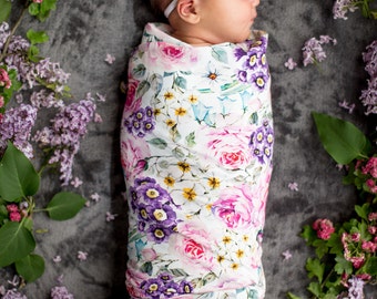 Floral Swaddle set / newborn swaddle blanket set / summer swaddle / breastfeeding cover / nursing cover floral / thin baby headband