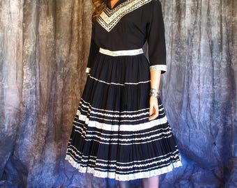 Vintage 1950s Squaw Fiesta Top and Skirt Vintage 50s Black Squaw Fiesta Skirt and Top Silver Trim Western Rockabilly Square Dance S