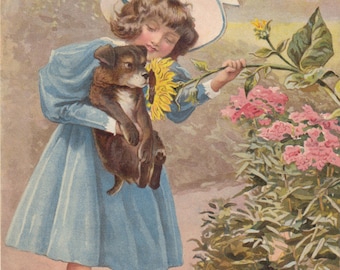 Victorian Girl Wearing Bonnet Holding Beloved Puppy Dog Smelling Scent From Sunflowers in Flower Garden Art Print Antique Lithograph 1898