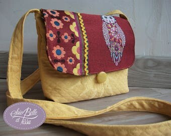 petit sac à bandoulière été minaudière motif chouette en tissu bordeaux et jaune pour femme ou ado