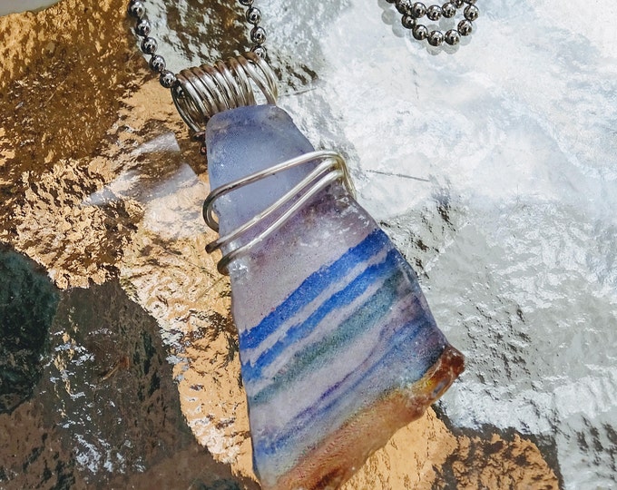 Lake Michigan Beach Glass with an image of the beach - Wire wrapped - unique shape - Medium piece of beach glass