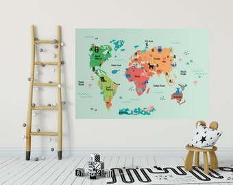 World Map Wall Decal for kids World Map Sticker World Map Poster with animals wall art Removable Chic Scandinavian design Great Gift CCK002A