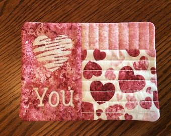 FREE US SHIPPING, Quilted Love You Mug Rug, Coffee Coaster, Snack Placemat, Java Mug Rug, size: 7.5" x 5.5"