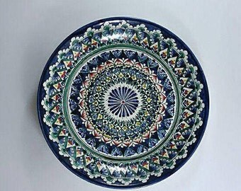 Clay plate, ceramic plate, decorative plate, pottery plate, serving plate,handmade plate,hand painted plate,home decor, art plate,Uzbekistan