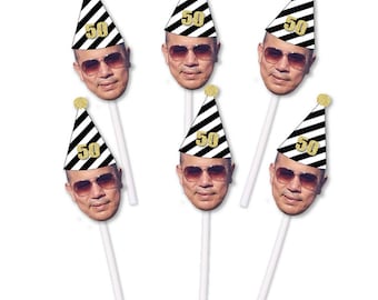 50th Birthday Cupcake Toppers with Face and Birthday Hat, Fiftieth, 50, Fifty, Custom, Personalized, Gold glitter, Silver Glitter