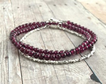 Genuine Garnet Bracelet, Sterling Silver Small Bead Bracelet, Garnet Jewelry, Hand Beaded Double Wrap Bracelet, January Birthstone Jewelry