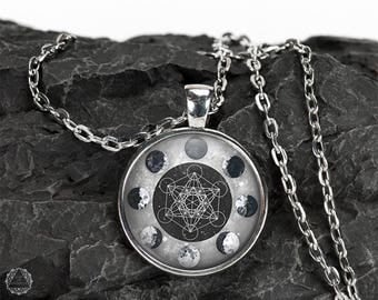 Moon Phases & Metatron's Cube Pendant Necklace - Moon Necklace Watercolor Moon Sacred Geometry Moon Jewelry Metatron's Cube Necklace Grunge
