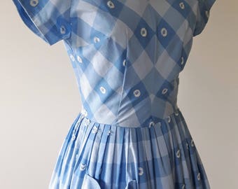 Vintage 1950's Blue Check Sun Dress | Vintage Sun Dress with Pockets | Vintage 1950s Dress |