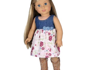 Fits Like American Girl Doll Clothes. Denim and Roses Dress.